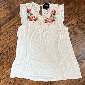 NWT, W5 Cream Top with Colorful Floral Embroidery